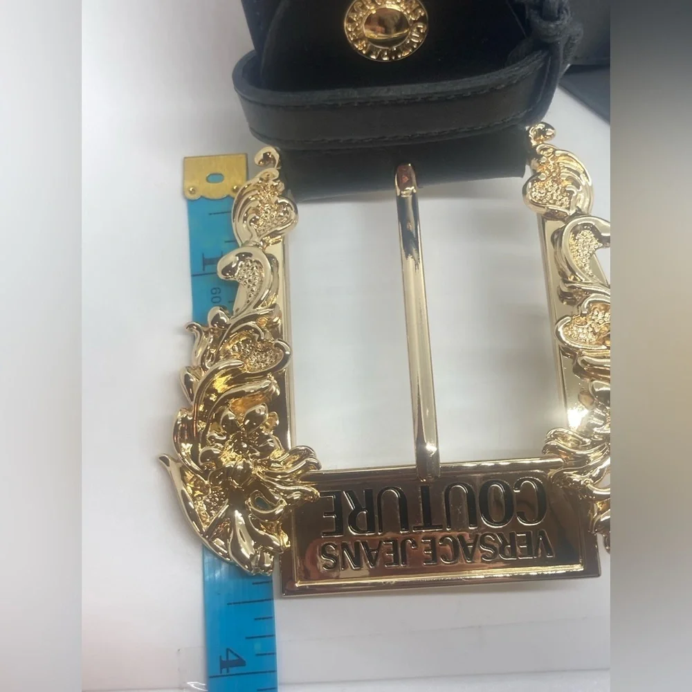 Versace Jeans Couture Gold Tone Metal & Black Leather Wide Belt | Sz 85 / 33.46” - Picture 16 of 16